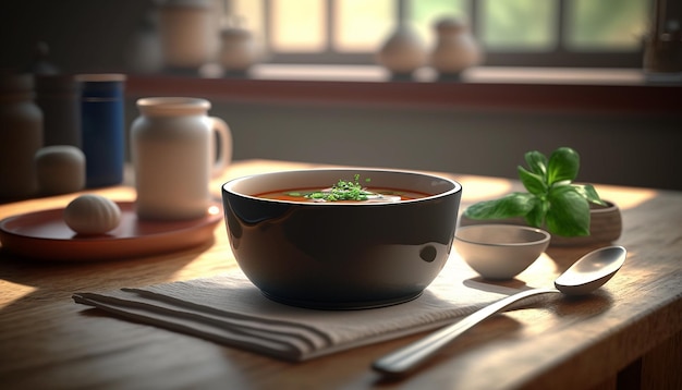 Uma tigela de sopa estilo Hong Kong na mesa da cozinha durante o dia Generative AI