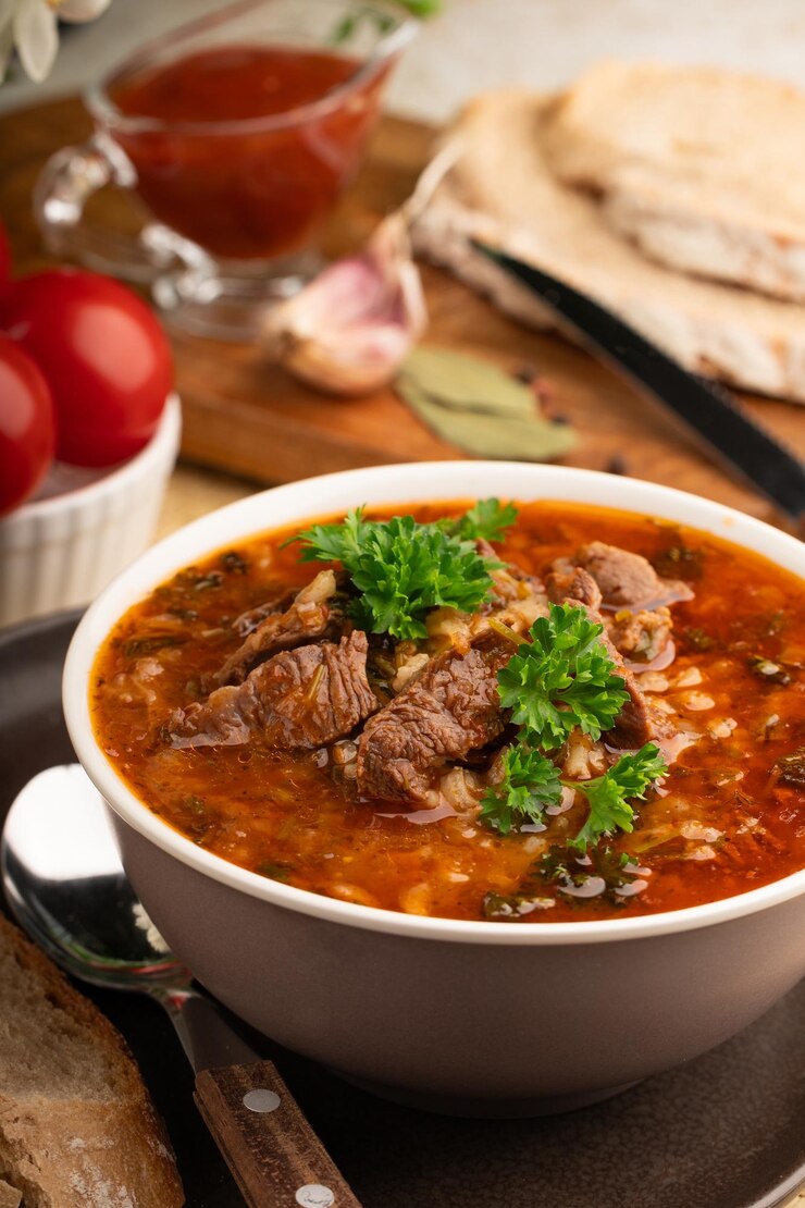 Foto uma tigela de sopa georgiana kharcho com ingredientes