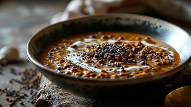 Uma tigela de sopa na mesa quente, deliciosa, confortável, pronta para ser desfrutada