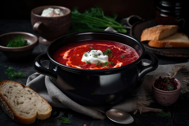 Uma tigela de sopa vermelha com pão e ervas em cima da mesa