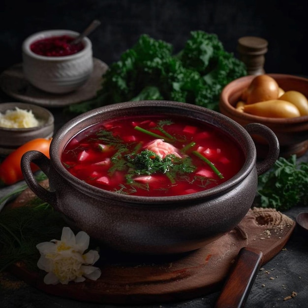 Uma tigela de sopa vermelha com uma folha verde ao lado