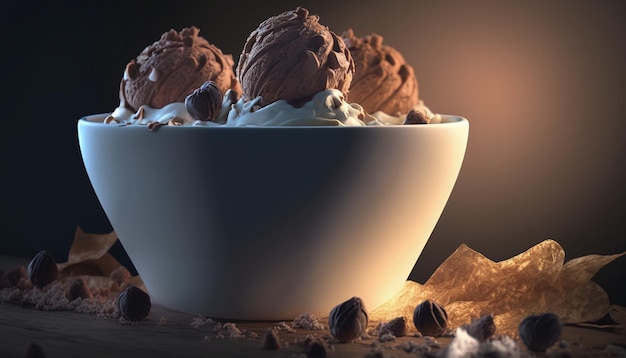 Uma tigela de sorvete com pedaços de chocolate no topo.