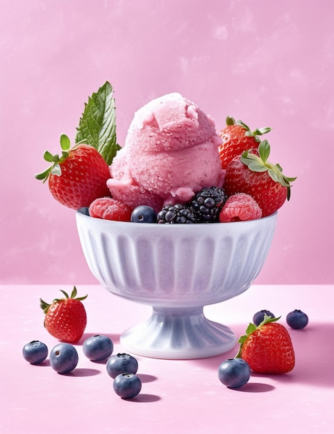 Uma tigela de sorvete com um fundo rosa e mirtilos no topo.