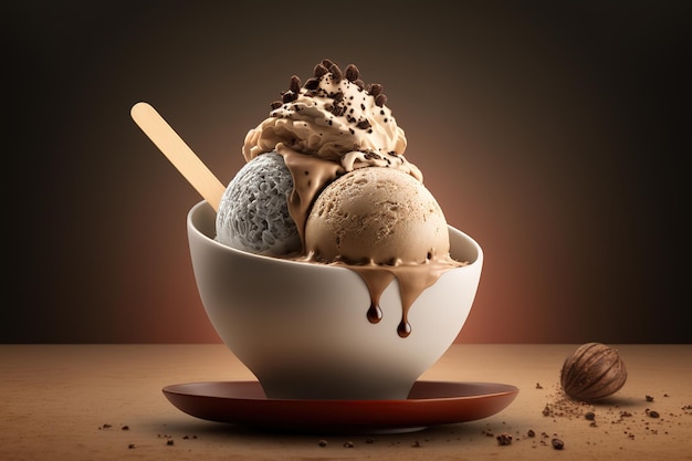 Uma tigela de sorvete com uma colher e um biscoito de chocolate por cima.