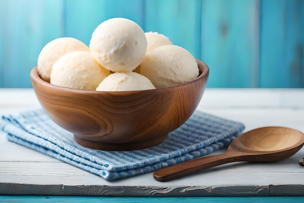 Uma tigela de sorvete com uma colher em um pano azul.