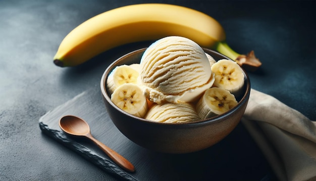 Foto uma tigela de sorvete de banana com uma banana em um fundo escuro