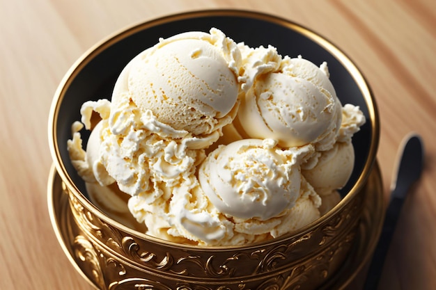 Uma tigela de sorvete de baunilha com borda dourada e borda dourada.