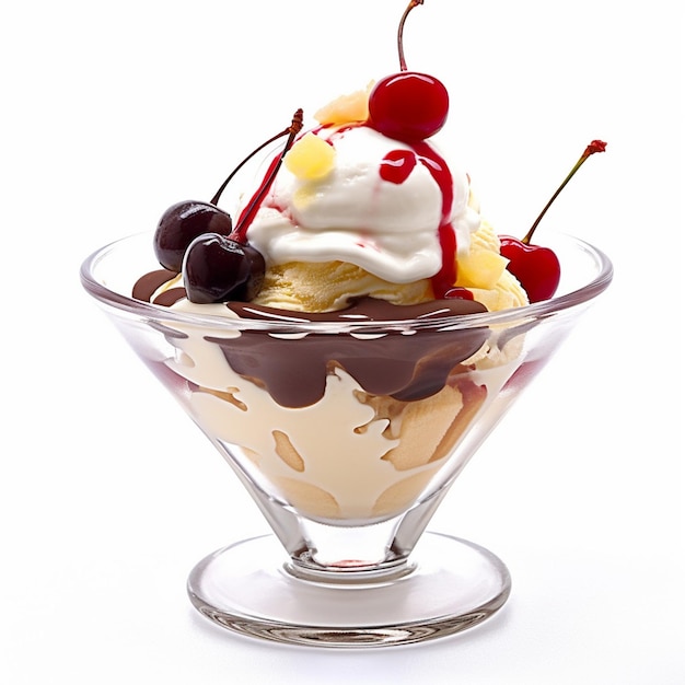 Uma tigela de sorvete de baunilha com uma cereja no topo.