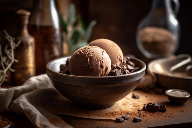 Uma tigela de sorvete de chocolate com uma garrafa de chocolate ao fundo.