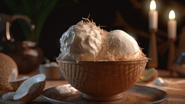 Uma tigela de sorvete de coco com creme de coco por cima