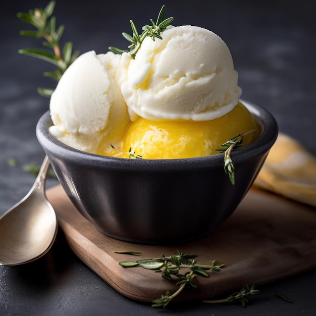Uma tigela de sorvete picante de limão e tomilho Imagem generativa de IA
