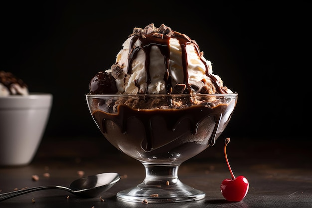 Uma tigela de sundae de chocolate com calda de chocolate e cereja no topo.