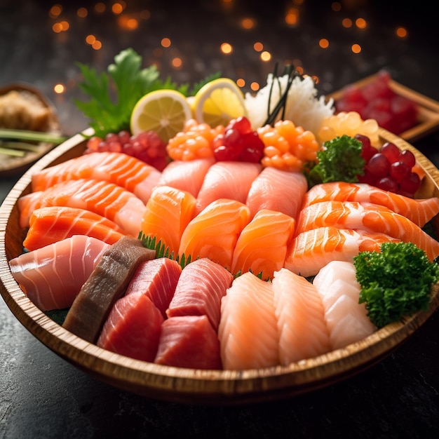uma tigela de sushi com uma variedade de sushi em cima da mesa.