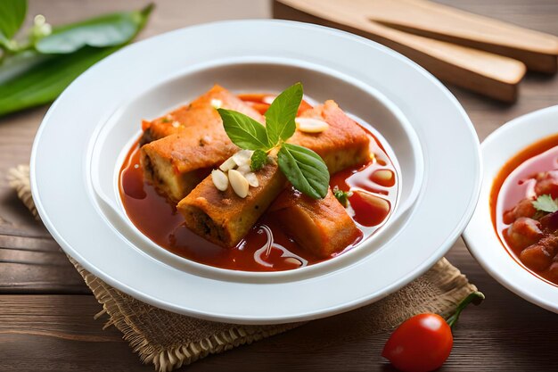 Uma tigela de tamales com molho de tomate e manjericão sobre uma mesa