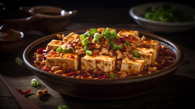 Uma tigela de tofu com cebolinha ao lado