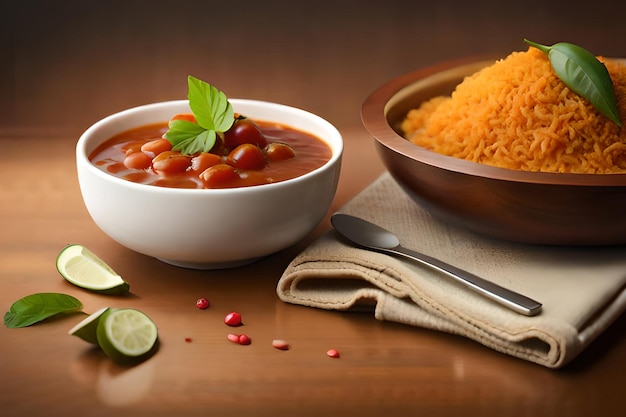 Uma tigela de tomate e arroz com uma colher ao lado