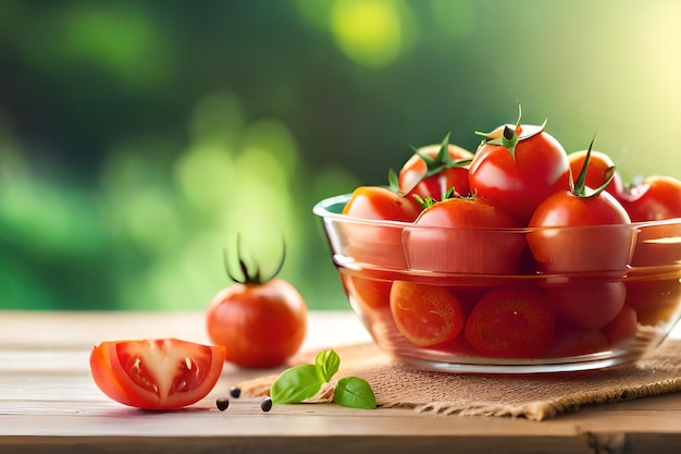 Uma tigela de tomate em uma mesa com fundo verde