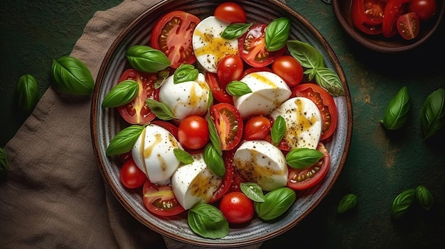 Uma tigela de tomate, mussarela e manjericão com azeite ao lado