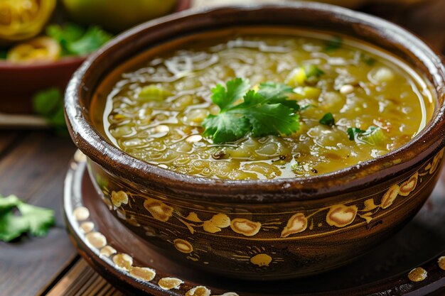 Uma tigela de tomate picante salsa verde para vestir chilaquiles