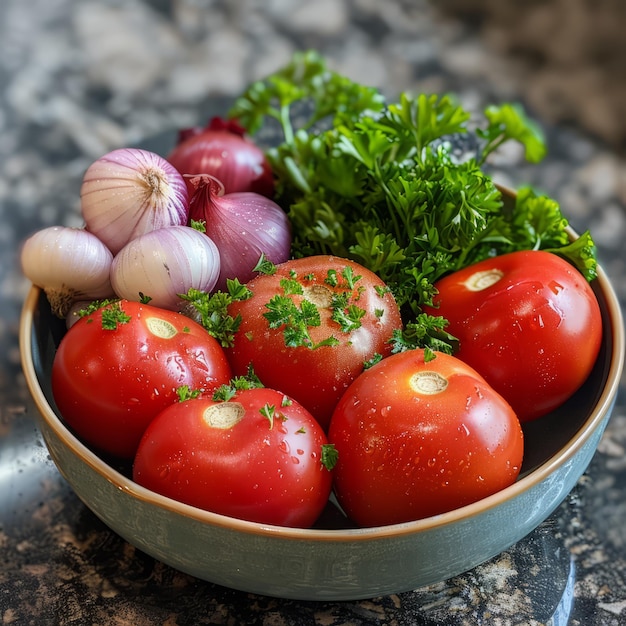 Foto uma tigela de tomates, alho-poró e salsa.