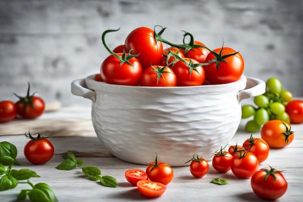 uma tigela de tomates cereja com uma tigela branca de tomates