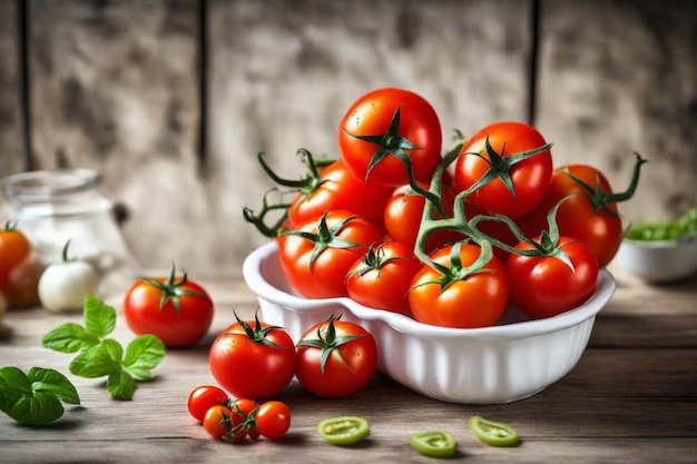 Foto uma tigela de tomates com uma tigela de feijão verde em uma mesa de madeira