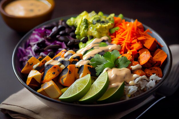 Uma tigela de uma salada colorida com abacate, abacate e feijão preto.