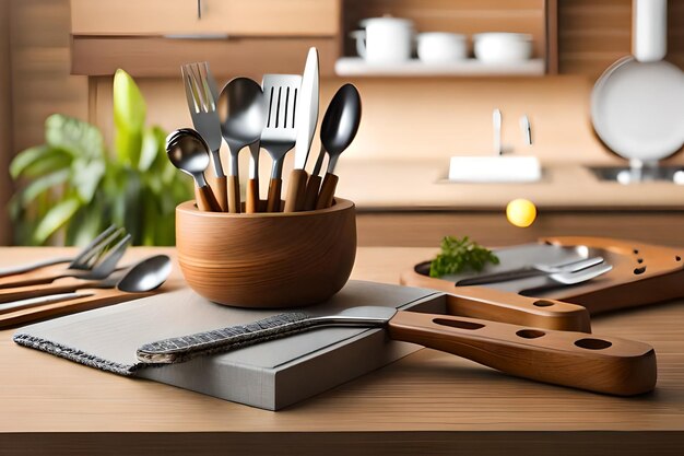 uma tigela de utensílios de cozinha e uma faca sobre a mesa