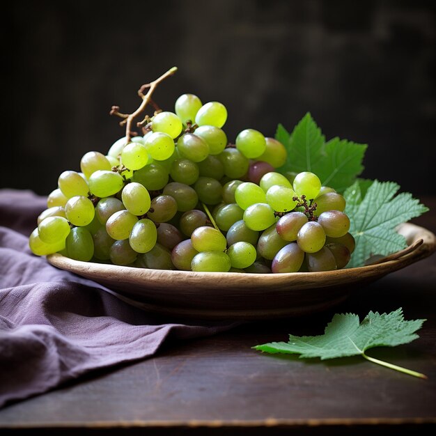 uma tigela de uvas com uma folha que diz uvas