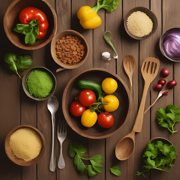 Foto uma tigela de vegetais e especiarias com uma colher e uma colher em uma mesa de madeira