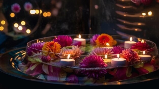 Uma tigela de velas acesas com flores ao fundo