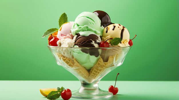 Uma tigela de vidro cheia de sorvete variado em um fundo verde