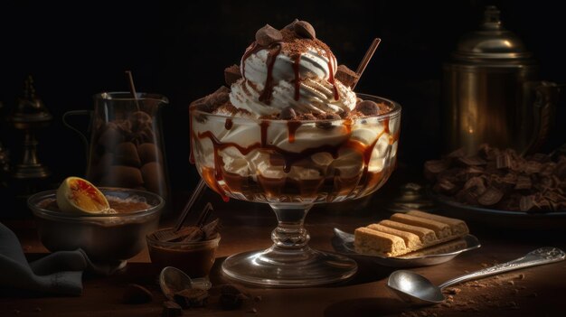 Uma tigela de vidro com sorvete com calda de chocolate e quadradinhos de chocolate por cima.