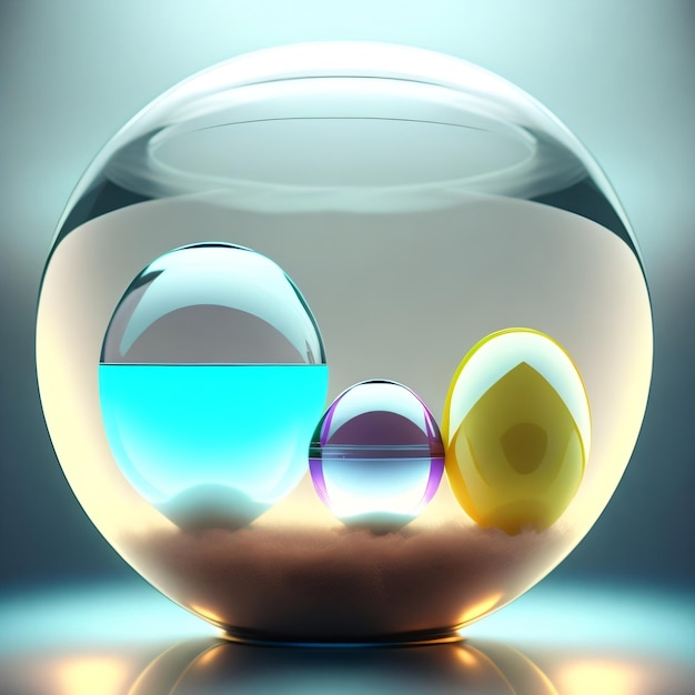 Uma tigela de vidro com três ovos coloridos dentro dela.
