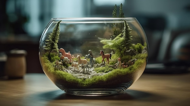 Uma tigela de vidro com uma cena de floresta em miniatura dentro