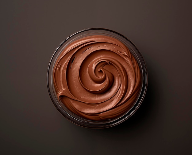 Uma tigela de vidro de creme de avelã e pasta de chocolate gira sobre um fundo preto.