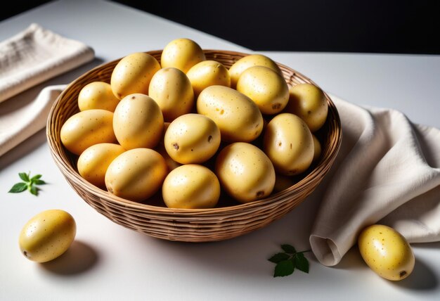 Uma tigela de vime contendo batatas cruas colocadas sobre uma mesa branca