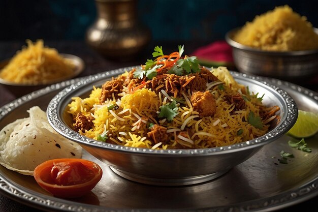 Foto uma tigela deliciosa de biryani coberta com papo crocante