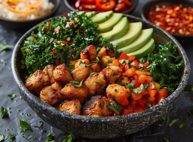 Foto uma tigela deliciosa e saudável de comida com frango, abacate, couve e pimentas vermelhas