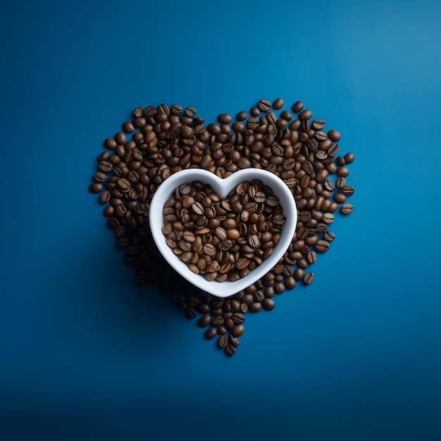 Uma tigela em forma de coração com grãos de café