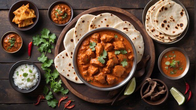 Uma tigela fumegante de Chicken Tikka Masala é colocada em cima de uma mesa de madeira escura cercada por uma matriz o