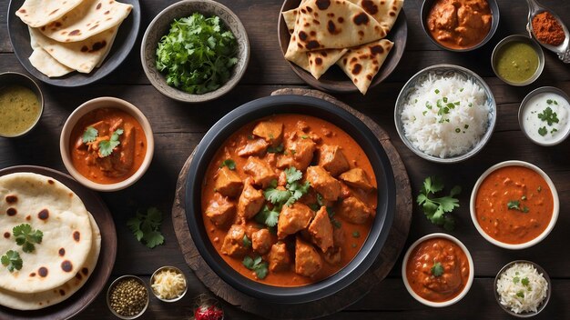 Uma tigela fumegante de Chicken Tikka Masala é colocada em cima de uma mesa de madeira escura cercada por uma matriz o