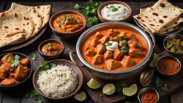 Uma tigela fumegante de Chicken Tikka Masala é colocada em cima de uma mesa de madeira escura cercada por uma matriz o