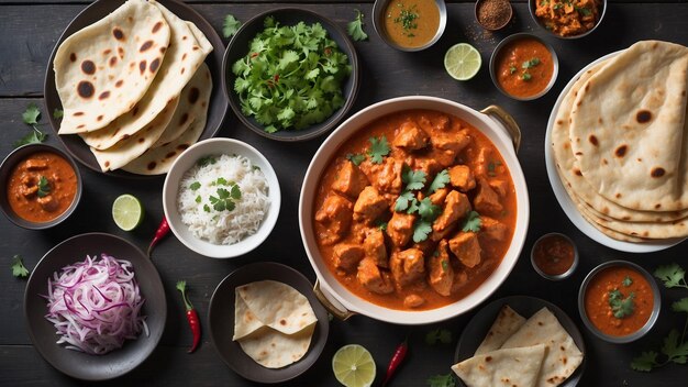 Uma tigela fumegante de Chicken Tikka Masala é colocada em cima de uma mesa de madeira escura cercada por uma matriz o