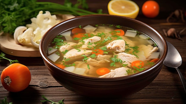 Uma tigela fumegante de sopa de galinha com pedaços de frango tenros legumes