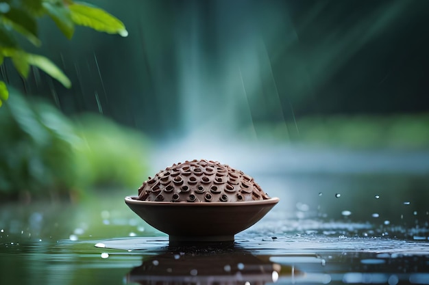 Uma tigela pequena com uma bola na chuva