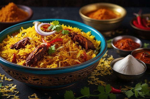 Foto uma tigela perfumada de biryani acompanhada de mirchi picante