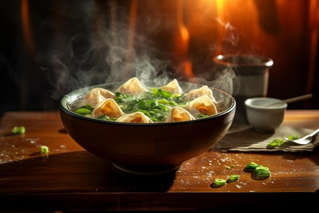 Foto uma tigela quente a vapor de sopa de wonton adornada com cebolas verdes