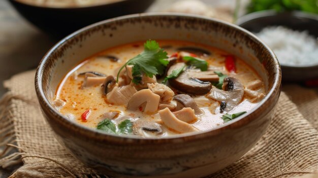 Foto uma tigela quente e fumegante de sopa tom kha gai reconfortante cheia de cogumelos de frango e caldo de leite de coco aromático