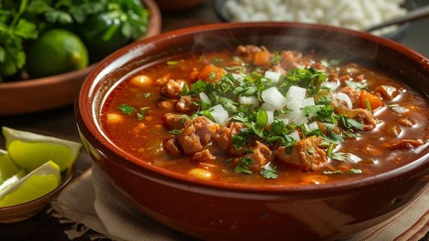 Uma tigela vaporizada de menudo, uma sopa tradicional mexicana reverenciada por seus sabores reconfortantes e propriedades curativas.